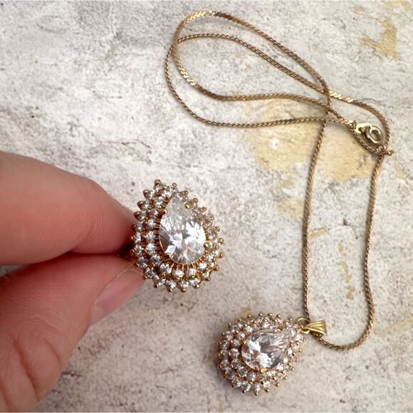Vintage Pear Shaped Jewelry Set Ring Size 6.75 and Necklace Gift 14K HGE LIND - Picture 4 of 7